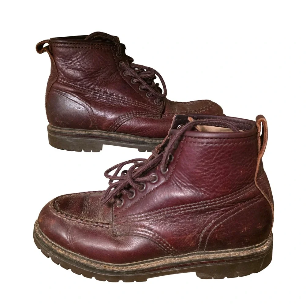 Vintage 80s LL Bean Mens Burgundy‎ Leather Moc Toe Work Boots Size 8.5